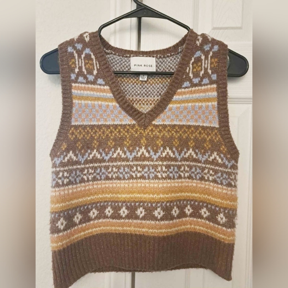 Women's Brown Multicolor Patterned Sweater Vest - X Small/Small